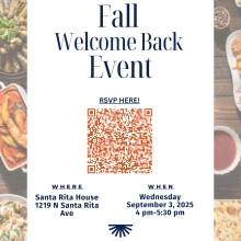 Text saying "Fall Welcome Back Event, RSVP Here! Where: Santa Rita House, 1219 N Santa Rita Ave, When: Wednesday, September 3, 2025 4pm-5:30pm" with Arizona Block A logo for Arabic Special Programs and The Language Flagship logos on the bottom