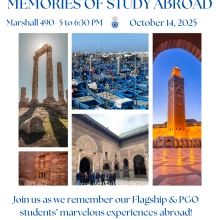 Flyer of Memories of Study Abroad event with photos of Morocco and Jordan 